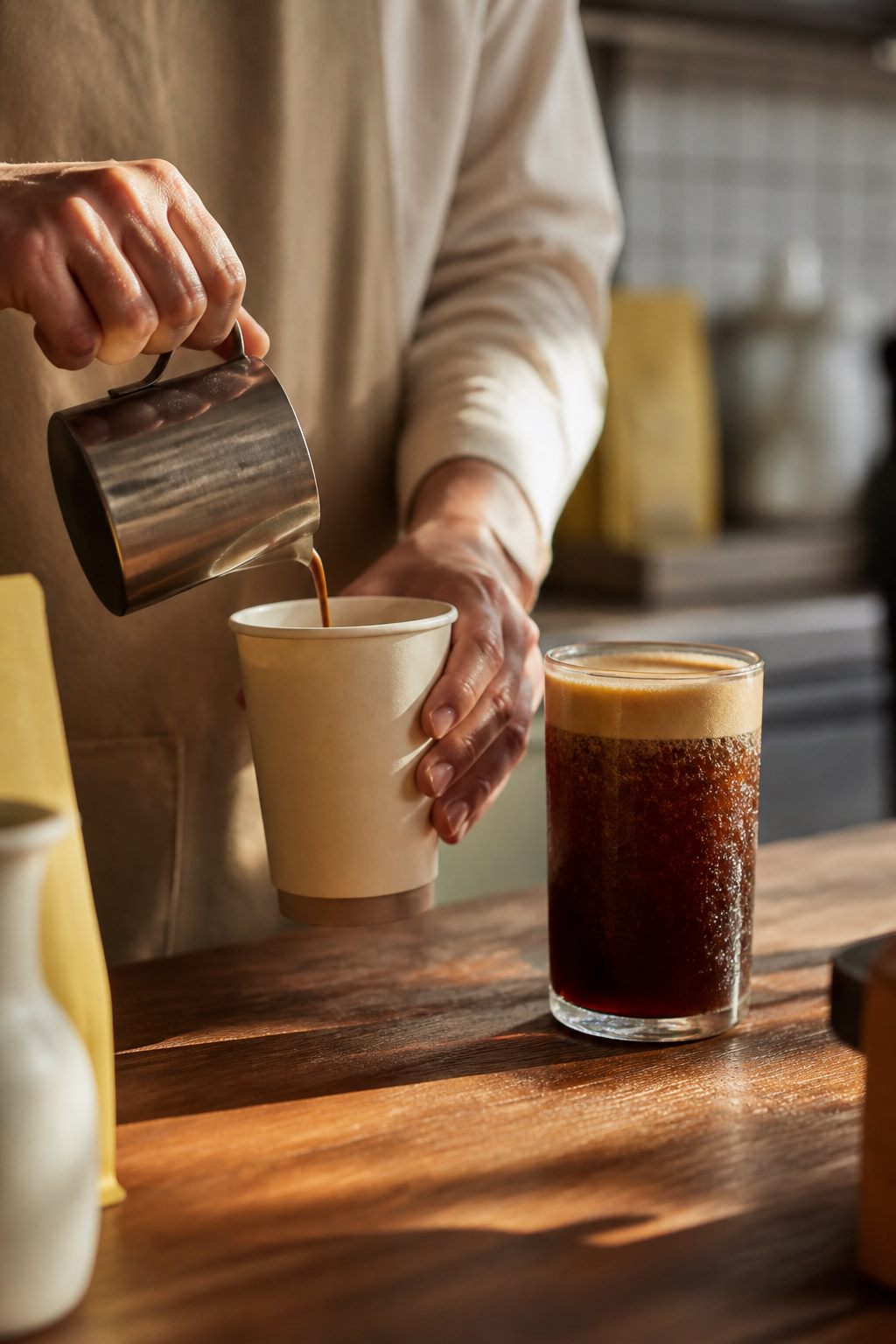 Barista pouring coffee beside a glass of Nitro Cold Brew