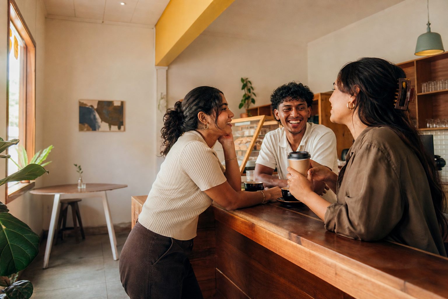 Friends sharing coffee at a warm neighborhood coffee bar