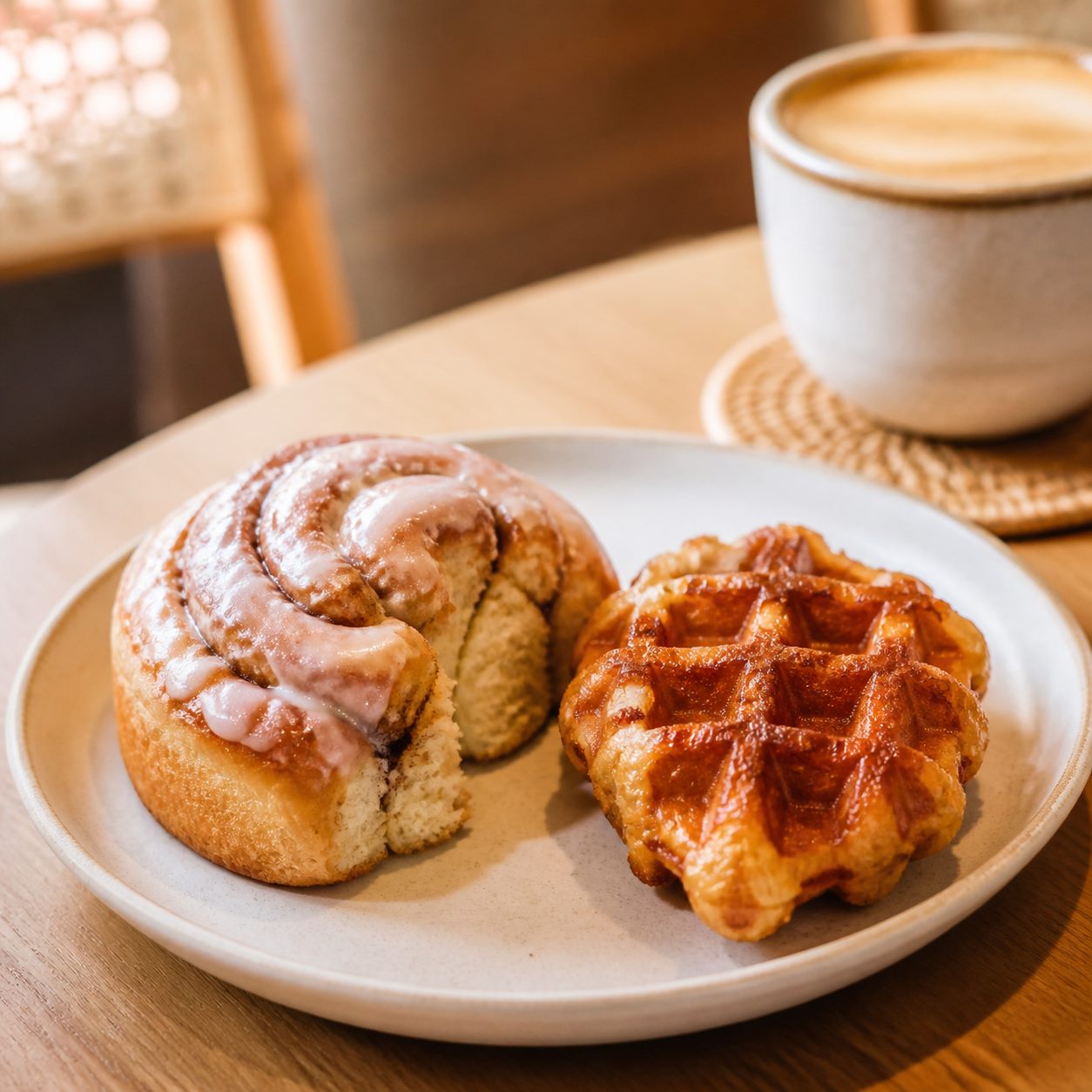 Cinnamon roll and golden croffle on a plate